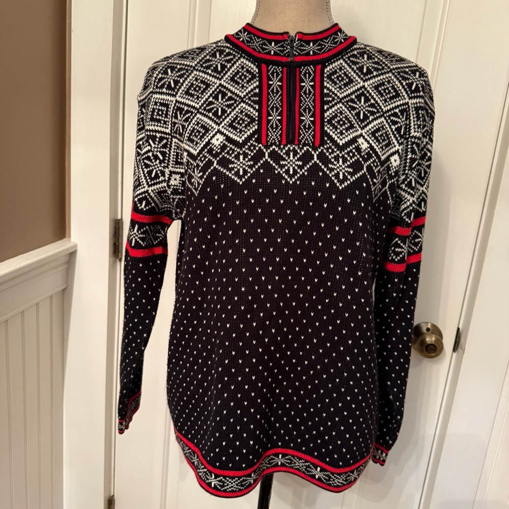HANNA ANDERSSON SWEATER 1/4 ZIP FAIR ISLE BLACK WHITE RED MANDARIN COLLAR SIZE S